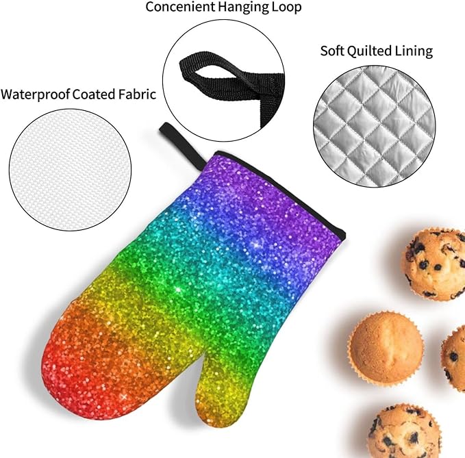Colorful Rainbow Glitter Oven Mitts and Pot Holders Set of 4, Oven Mittens and Potholders Heat Resistant Gloves for Kitchen Cooking Baking Grilling BBQ