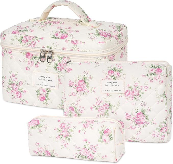 SXS LACONIC Quilted Makeup Bag,Large Cosmetics Bag Set,Cotton Coquette Floral Make up Pouch,Travel Toiletry Bag for Women