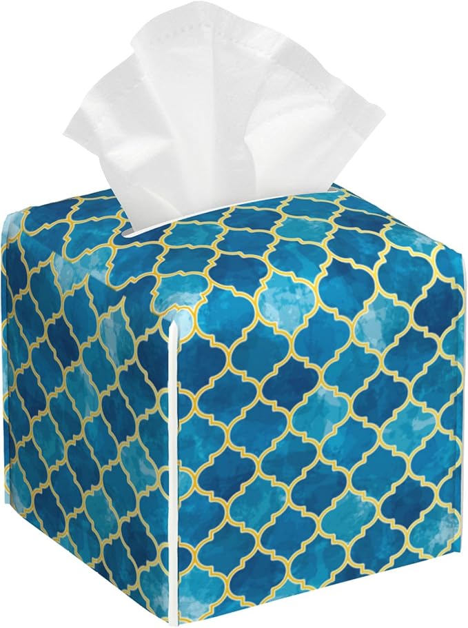 POIUBLE Tissue Box Holder Blue Moroccan Tile Tissue Box Cover Square Leather Tissue Holder Organizer Portable Decorative Facial Paper Case for Home Office Bathroom Vanity Countertop