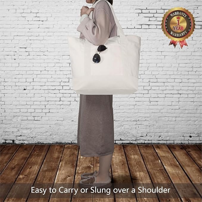 TOPDesign 3-Pack Canvas Tote Bags with an External Pocket, Reusable Grocery Shopping Bags, Top Zipper Closure, Daily Essentials (Natural)