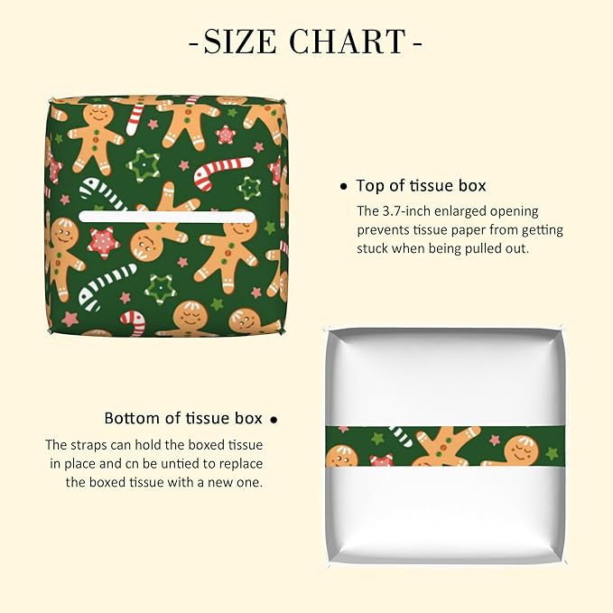 Candy Canes and Stars Leather Tissue Box Holder Christmas Green Gingerbread Tissue Box Cover Square Waterproof Tissue Holder Organizer Modern Napkin Holder for Bedroom Dresser Night Stand Office Desk