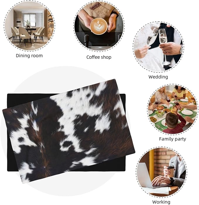 Vintage Cowhide Animal Placemats, Natural Rustic Farm Vintage Cow Animal Fur Texture Print Washable Fabric Placemats Table Kitchen Dining Party 12x18 Inch Set of 6