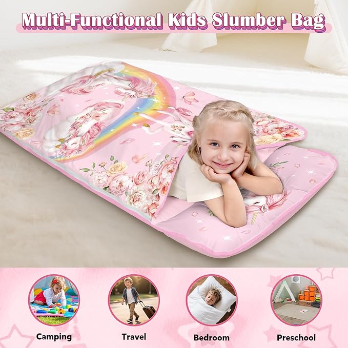 Toddler Nap Mat Kids Sleeping Bag 59"×24", Soft Slumber Bag with Removable Pillow and Blanket for Kids Girls Boys,Roll Up Sleeping Mat Thick for Camping,Daycare, Kindergarden