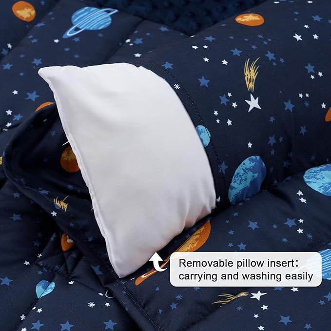 PHF Toddler Nap Mat with Removable Pillow and Minky Fleece Blanket, Rollup Design Warm Slumber Bags for Boys, 52"x20"x2" Kids Sleeping Bag for Daycare Preschool Travel Camping, Space