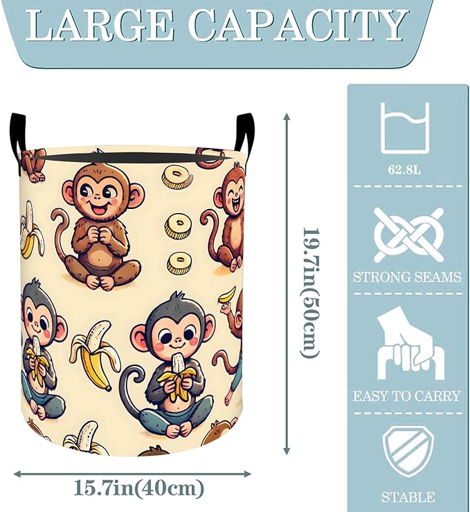 VODRM Cute Monkey Banana Laundry Basket, Dirty Collapsible Clothes Toy Organizer Hamper for Kids Adults, Oxford Cloth Waterproof Storage Bin for Bedroom Bathroom Cartoon Decor Gifts, 19.7"X15.7"
