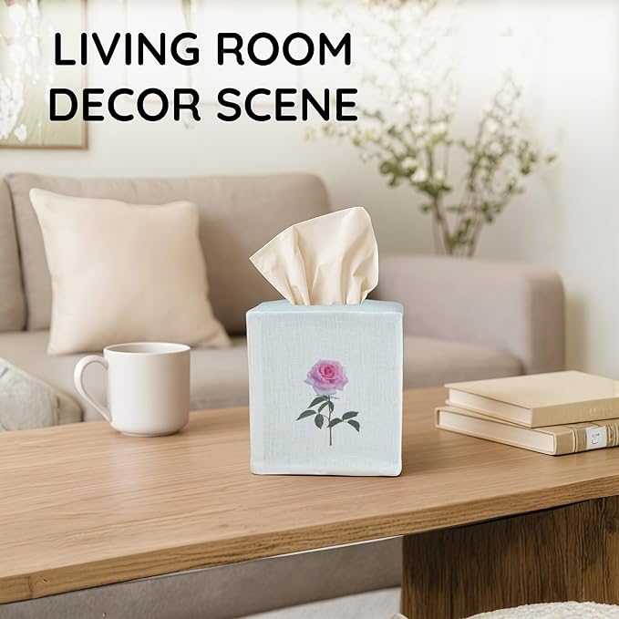 EmbroideryLinen.VN Tissue Box Cover Set of 2, Square Linen Tissue Holder, Printed Floral Design, 4.5x4.5x5.5 Inches, Decorative Holder for Bathroom, Living Room, Office (Rose)