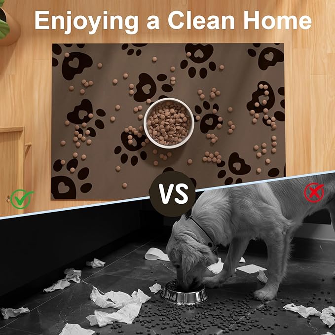 BLESWIN Pet Feeding Mats 17"x28", Water Absorbing Mat for Dog Bowl, Dog Dish Mats for Floors Waterproof, Non Slip Mat for Dogs, Pet Placemats for Food and Water, Cat Mat for Food and Water, Brown