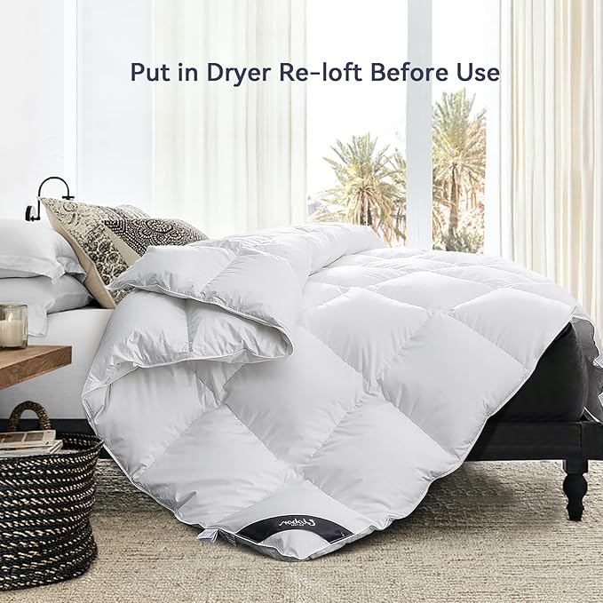 Globon Queen Goose Down Comforter,800 Fill Power All Seasons Luxury Duvet Insert,420 Thread Count Soft Noiseless Shell, Medium Weight with 8 Corner Tabs, White