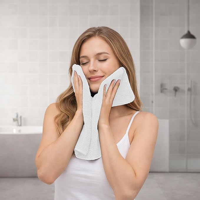 RIVERSIDE 12 Pack Premium 100% Cotton Face Wash Cloths, 12 x 12 Inches, Soft & Absorbent Face Towels for Bathroom Wash Clothes, 550 GSM, Luxury WashCloths for Showering, Body, Spa & Gym, White