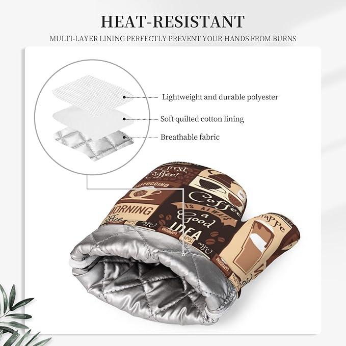 Oven Mitts Pot Holders Set Coffee Pattern Silicone Modern Art Kitchen Gloves Potholders Heat Resistant for Chef Baking Cooking Grilling BBQ 4 Pack Mitt