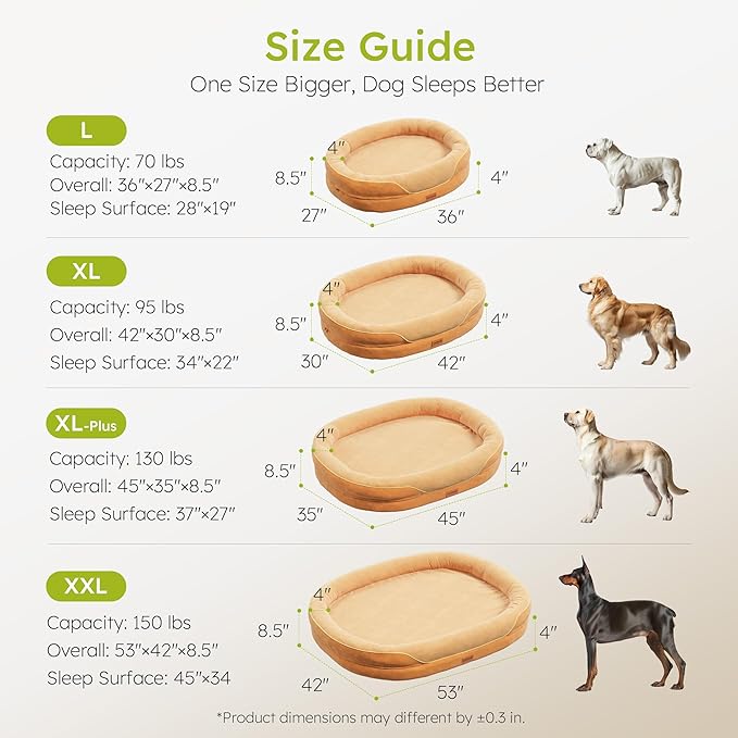 CWAWZ XXL Orthopedic Dog Bed, 53 in. Dog Bed for Large Sized Dogs with Full-Surround Bolsters, Dual-Sided Dog Cooling Beds with Memory Foam, Washable Pet Sofa Couch with Nonslip Bottom, Brown