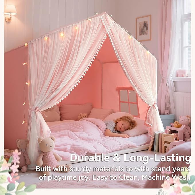 Kids Tent with Mat, Kids Play Tents Indoor, Princess Tent for Girl, Toddler Tents Playhouse for Kid, Large Play Cottage Pink, Kid Toys for Girl Birthday Gift