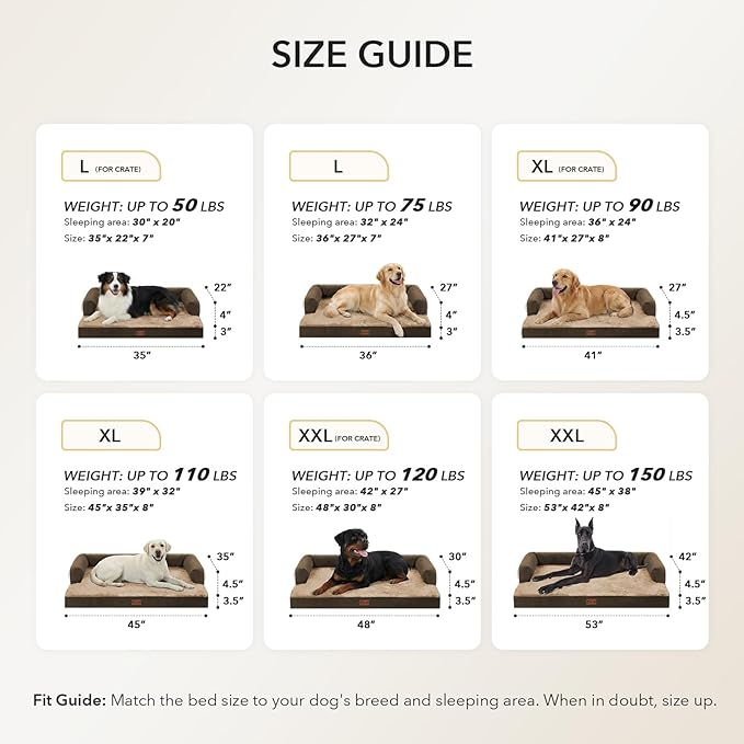 Casa Paw Orthopedic Dog Beds for Extra Large Dogs, Waterproof Egg Crate Foam XL Dog Bed with Sides 45x35Inch, Big Dogs Couch Beds with Removable Washable Cover and Nonskid Bottom, Brown