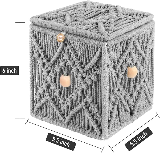 KaloKalo Handmade Tissue Box Cover Decorative Macrame Boho Square Tissue Holder Cotton Rope Woven Napkin Facial Paper Organizer Bohemian Desk Storage Container with Buckle Wood Beads (Grey)