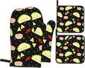 Kawaii Taco Patterned Oven Mitts and Pot Holders Set of 4, Oven Mittens and Potholders Heat Resistant Gloves for Kitchen Cooking Baking Grilling BBQ