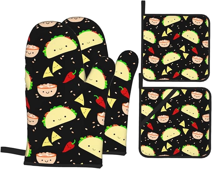 Kawaii Taco Patterned Oven Mitts and Pot Holders Set of 4, Oven Mittens and Potholders Heat Resistant Gloves for Kitchen Cooking Baking Grilling BBQ