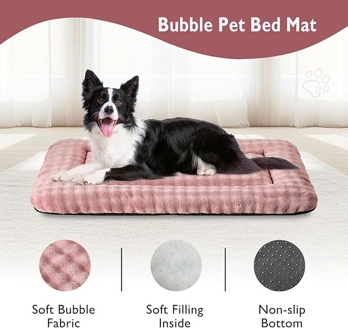 Yaning Dog Bed Mat Crate Pad for Large Dogs, Washable Soft Pet Sleeping Mat Kennel Pad with 3D Bubble Pattern, Dusty Pink, 36"x 23"