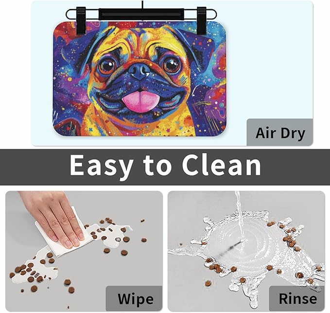 Pug Food Mat for Floors Waterproof,Quick Dry Anti-Slip Dog Bowl Mats for Food and Water,Pet Feeding Mats,Pet Placemat for Messy Drinkers to Protect Floors,Pets Supplies 17.72×11.81in