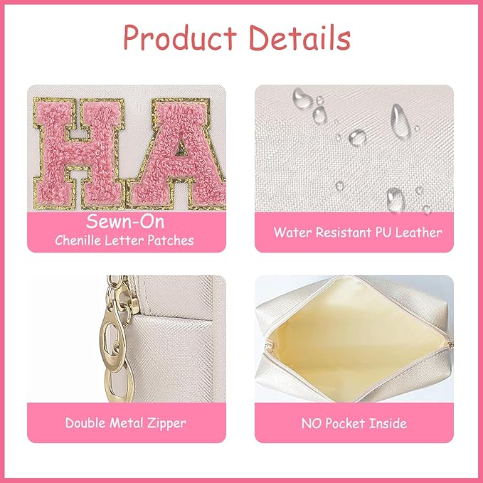 uekeboag PU Leather Medicine Bag with Zipper,Cute Chenille Letter Patches Travel Toiletry Meds Pouch for Women Girls, Daily Use Portable Organizer Cosmetic Bag (Beige- Colorful -MEDS)
