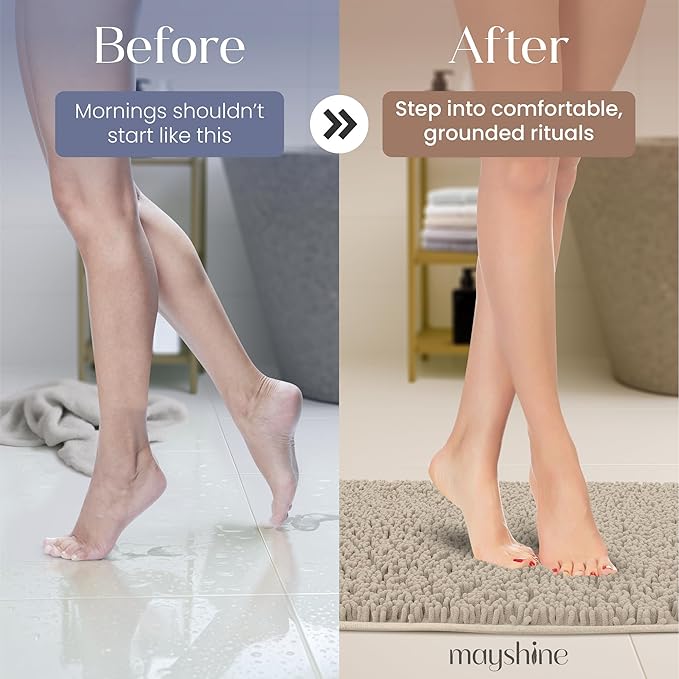 MAYSHINE Plush Shaggy Chenille Bath Mat | Extra Soft, Super Absorbent, Non-Slip Bathroom Rug | Fluffy Microfiber, Area Rug Sets for Bathroom Floor, Kitchen, Living Room | 23"x14" | Beige