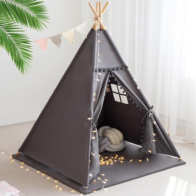 RONGFA Teepee Tent for Kids with Mat, Star Lights, Carry Case, Cotton Canvas Playhouse, Foldable Tents, Portable Children Play Tent Indoor Outdoor(Grey)