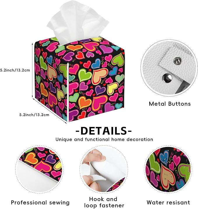 Rainbow Hearts Tissue Box Cover Square,Tissue Box Holder with Belt Bottom,Stylish Leather Napkin Holder for Vanity Countertop,Nightstands,Office Desk,5.2"×5.2"×5.2"