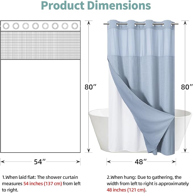 eachope ForstBlue No Hook Waffle Weave Shower Curtain with snap-in Liner Replacement, 230GSM Waterproof Fabric Hotel Shower Curtain Set for Bathroom, Through Mesh Top Window,54Wx80H