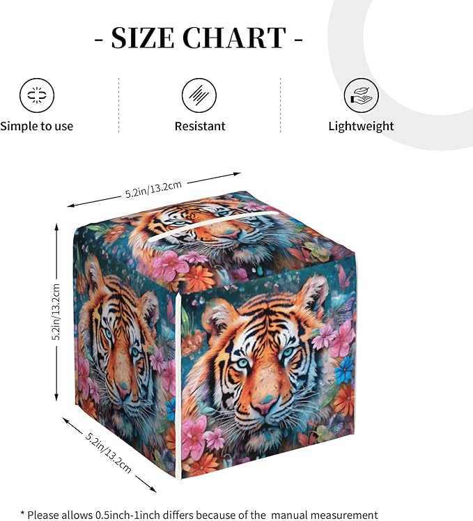 POIUBLE Leather Tissue Box Holder Tiger with Flowers Tissue Box Cover Square Waterproof Tissue Holder Organizer Modern Napkin Holder for Bedroom Dresser Night Stand Office Desk