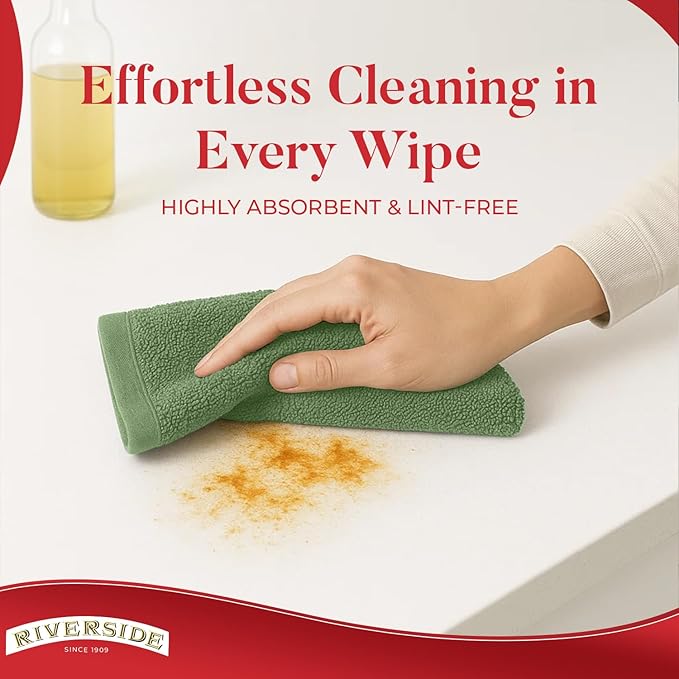RIVERSIDE Bar Mop Towels Pack of 12, 16x19 Inches, 100% Ring Spun Cotton Terry Cloth Kitchen Towel, Highly Absorbent & Reusable Multipurpose Cleaning Rags for Bathroom, Hotel, Restaurant, Sage Green