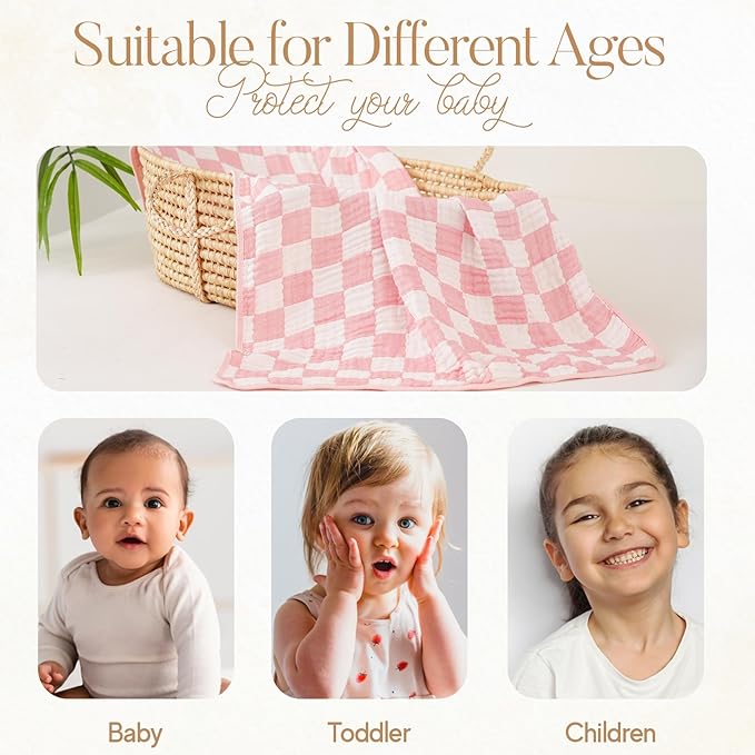 HardNok Ultra-Soft Muslin Baby Blanket - Swaddle & Crib for Girls, Pink Checkered (1-Pack)