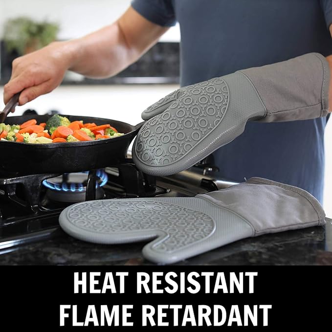 HOMWE Silicone Oven Mitts and Pot Holders, 4-Piece Set, Heavy Duty Cooking Gloves, Kitchen Counter Safe Trivet Mats, Advanced Heat Resistance, Non-Slip Textured Grip, Gray
