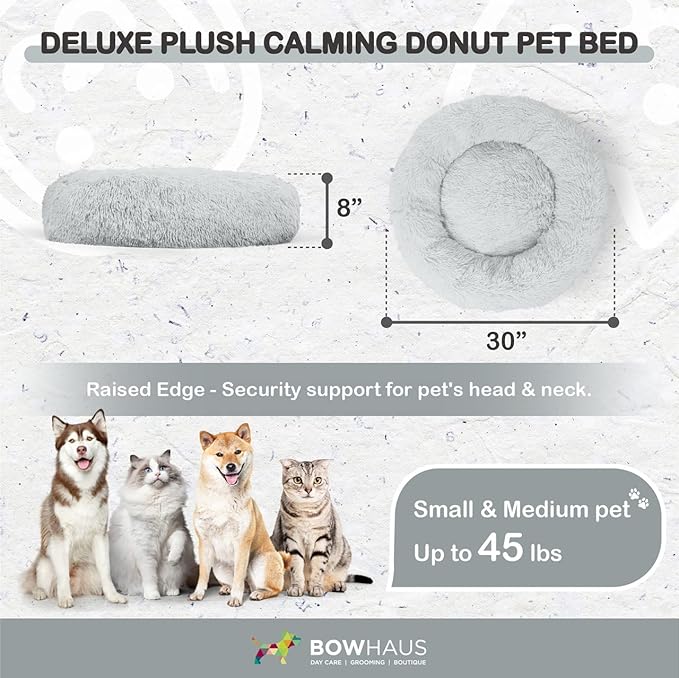 BOWHAUS 24/30 Inch Calming Donut Pet Bed for Small/Medium Cats and Dogs, Anti-Slip Bottom, Washable, Anti-Anxiety Fluffy Round Cat Bed, Indoor Shaggy Cuddler Cotton Candy Brown, Light Gray, Pink Bed