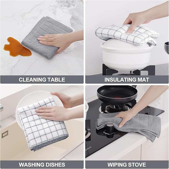 Homaxy Premium Cotton Kitchen Towels 16"x 28", Large Natural Ring Spun 390 GSM Dish Towels, Super Absorbent Terry Kitchen Hand Towels, Soft Tea Towels with Hanging Loop, Light Grey Check, 12 Pack