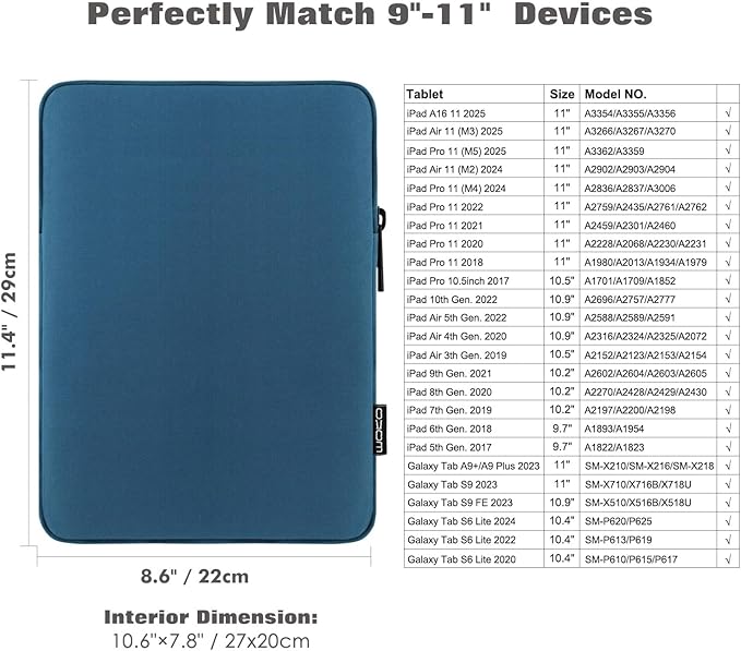MoKo 9-11 Inch Tablet Sleeve Bag - Fits iPad Pro M4, iPad Air M2, iPad 10th, iPad 9/8/7th Gen, Tab S8/S9 11" - Peacock Blue