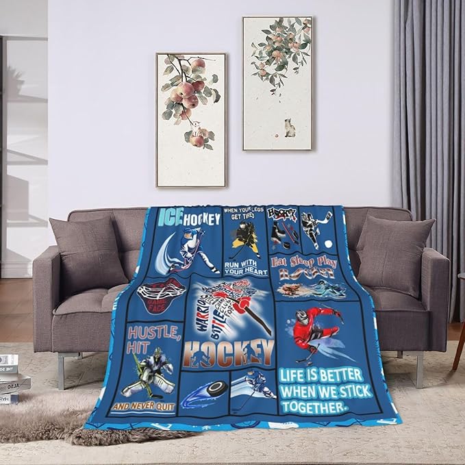 wsradto Ice Hockey Blanket Gifts for Hockey Lover Throw Blanket Bedding Cozy Fleece Flannel Lightweight Stuff Plush for Men Women Boys Adults Fans Players for Couch Sofa Bed Home Decor 50"x60"