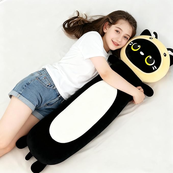 HAIJUNYA 36 inch Bee Black Cat Long Plush Body Pillow Toy, Kitten Plushies with Stuffy Honeybee Oufit Big Stuffed Animals Gfit for Kids Boys Girls, Birthday, Halloween, Christmas