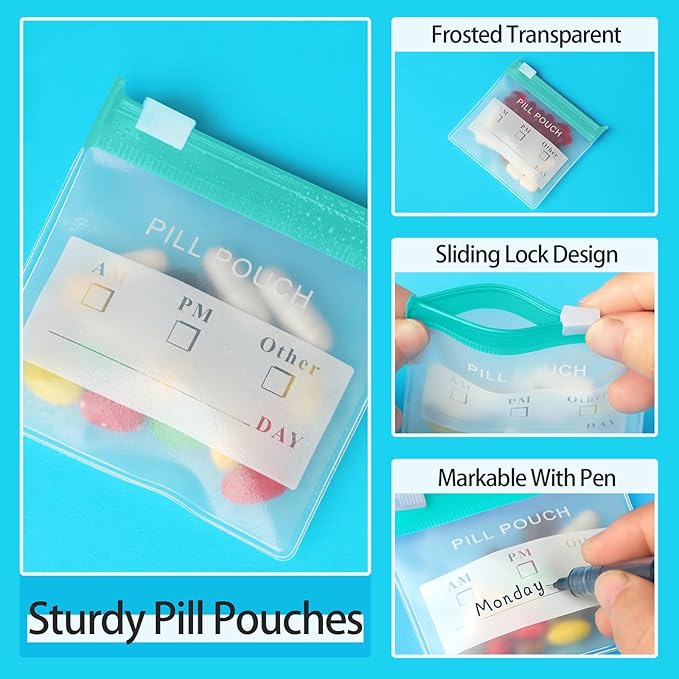 36 Packs Color Pill Pouch Bags 12mil 3 x 2.75 Inch bpa-Free, Frosted Clear EVA Materials, Heavy-Duty Thick Plastic Bags for Travel Medicine Organizer, Jewelry, Small Craft Pieces-Clear+Green