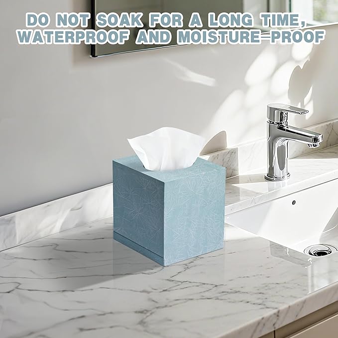 Tissue Box Cover Square, Blue Wooden Tissue Box Holder with Slide-Out Bottom, Decorative Cube Wall Mounted Tissue Holder for Desktop Nightstand Bathroom Office, Modern Farmhouse Home Decor