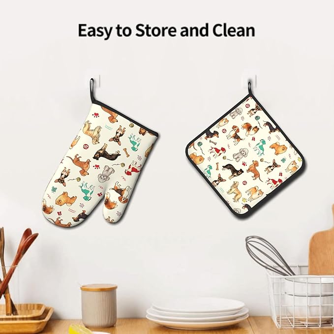 Dog Oven Mitts and Pot Holders Sets 2Pcs,Funny Oven Gloves Potholder Cute Animal Design Kitchen Mitt for Chef Cooking Baking Housewarming
