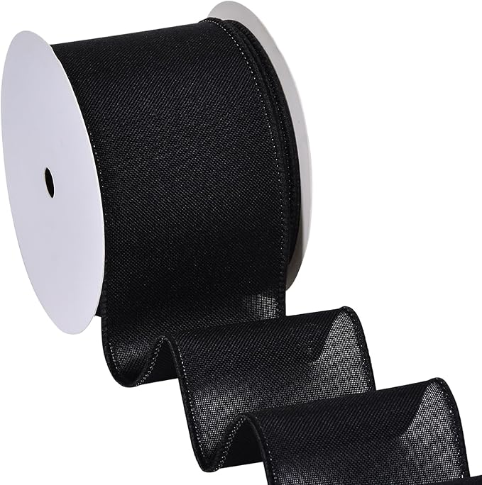 Ribest Black Linen Wired Ribbon, 2.5 Inch × 10 Yard, Burlap Halloween Ribbon for Wreaths Bows Making Crafts Christmas Tree Decoration Gift Wrapping