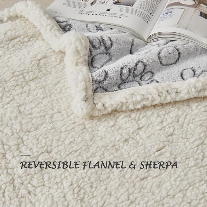 Qeils Dog Blankets for Small Dogs - Waterproof Pet Blanket Washable - Sherpa Fleece Puppy Blanket, Soft Plush Reversible Dog Blanket for Bed Couch Car Sofa, 30"X40", Grey Paw Print