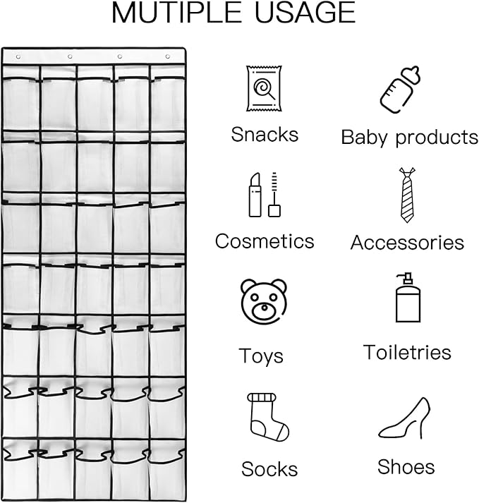 TidyMaster 1 Pack 35 Breathable Mesh Pockets Large Hanging Shoe Organizer Over The Door Shoe Rack for Closet Door Storage Shoe Holder Hanger, 4Hooks, White (67.7'' x 26.4'')