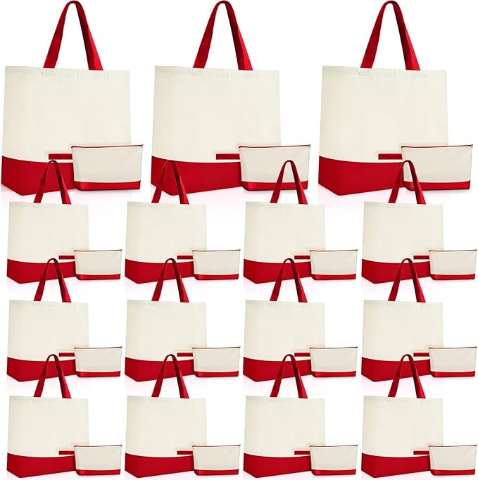 Sanwuta Canvas Tote Bags Bulk with Zipper Cosmetic Pouch 18.5" Reusable Cotton Shopping Bag with Handle for DIY Craft