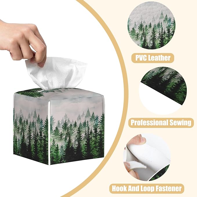 Watercolor Leather Tissue Box Holder Foggy Forest Tissue Box Cover Facial Paper Case Organizer Cube Napkin Dispenser for Bathroom Vanity Countertop Night Stand Office Car