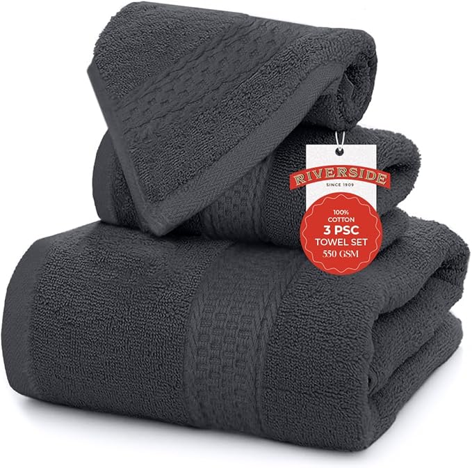 RIVERSIDE 3-Piece Towel Set, 1 Bath Towel, 1 Hand Towel, 1 Washcloth, 550 GSM Ring Spun Cotton, Soft, Quick Dry, Absorbent Bathroom Towels for Home, Gym, Spa, Charcoal