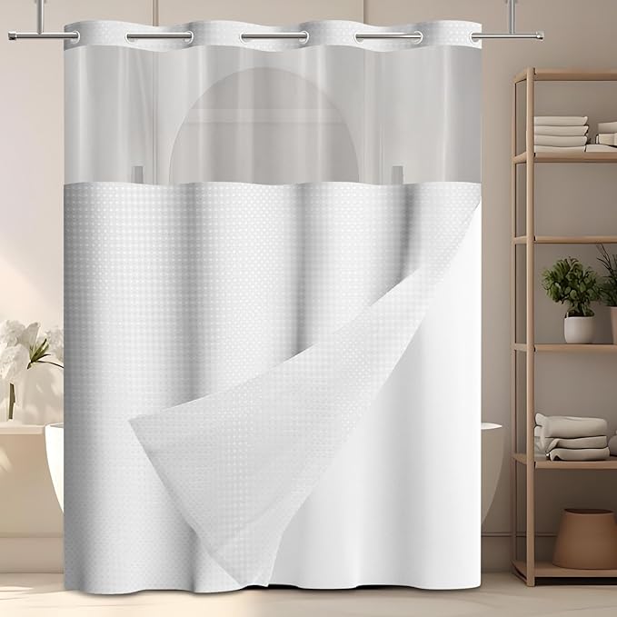 GICDSU No Hook Shower Curtain with Snap in Liner, Waffle Shower Curtain Set for Bathroom, Hotel Style with Semi-Sheer Top Window, Waterproof & Washable, Light Grey, 71" W x 80" L