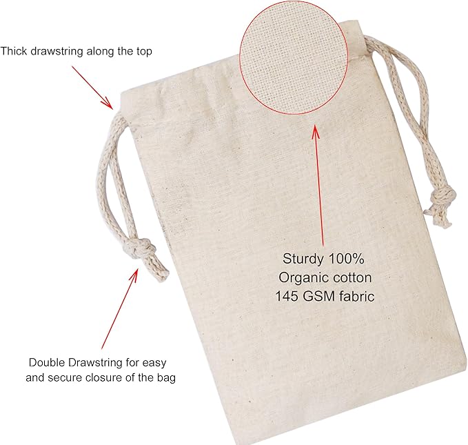 BigLotBags 100Pcs 6 x 8 Inches Premium Cotton Muslin Double Drawstring Bags, Reusable Bag Natural Cotton Bags with Drawstring Produce Bags Bulk Gift Bag Jewelry Pouch for Party Wedding Home Storage
