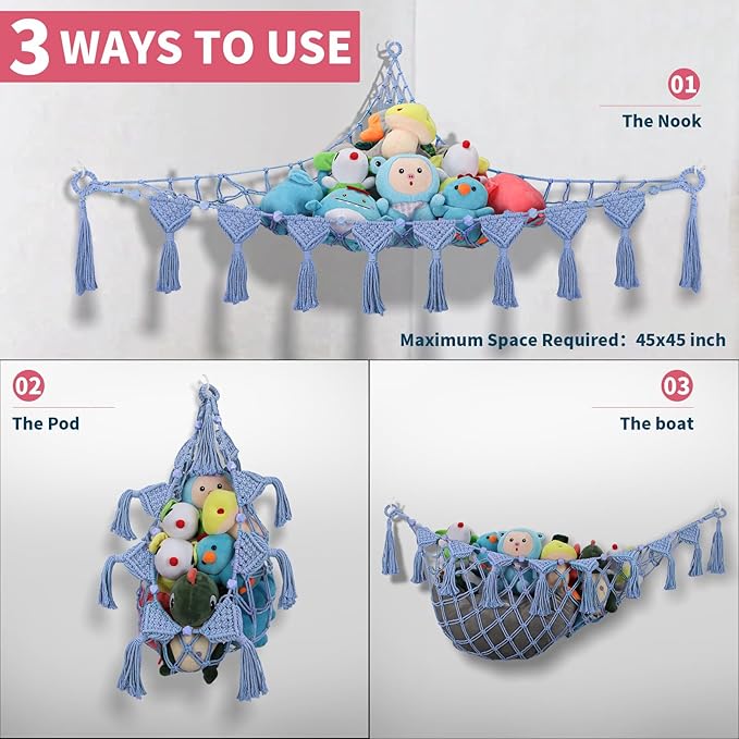 iHansee Stuffed Animal Hammock Corner - 56'' Jumbo 5mm Double Macrame Cord Handcrafted Stuffed Animal Net - 100% Natural Cotton Toy Hammock Holder - Cornflower Blue Stuffy Plushie Net w/LED Star Light