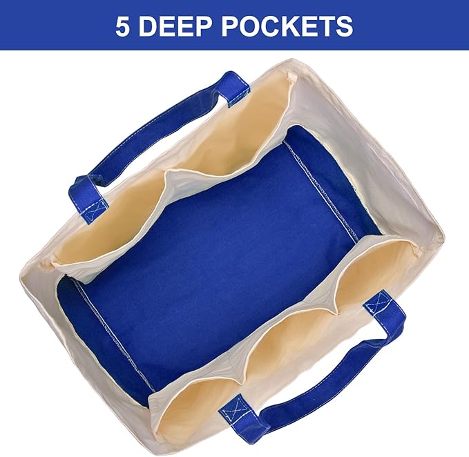 CNaiyunpin 3 Pack Canvas Reusable Grocery Bags Heavy Duty, 8.3 gal Foldable Large Tote Bag with Handles, Holds 60 lbs Canvas Shopping Bags & Washable Eco-friendly Bags with 5 Pockets, Blue+Off White