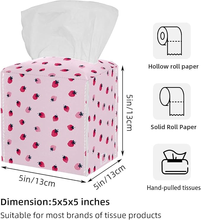 2 Pack Pink Strawberry (2) Tissue Box Cover, Decorative Tissue Box Dispenser for Bathroom, Parlors, Office, Bedroom Dresser, Vanity Countertop, Nightstand, Car, and Desk